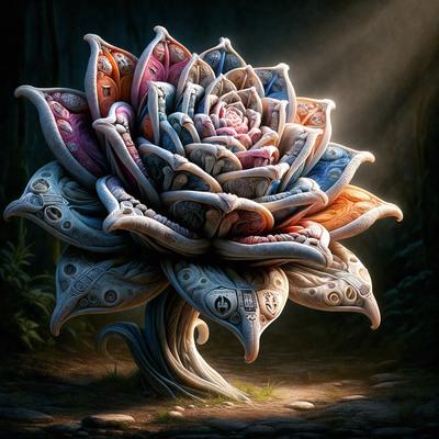 The primary subject of the image is a large, intricately designed flower made of various materials, including ceramic, plastic, and other crafts. The flower is placed in a setting with a forest background, giving it a natural and artistic appearance. The visual style of the image is a combination of digital art and illustration, showcasing the artist's creativity and skill in crafting the flower. The dominant colors in the image are shades of pink, white, and orange, creating a warm and inv